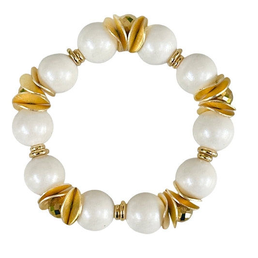 OPALIZED WHITE BANGLE WITH GOLD WAVY DISC AND CRYSTAL ACCENTS