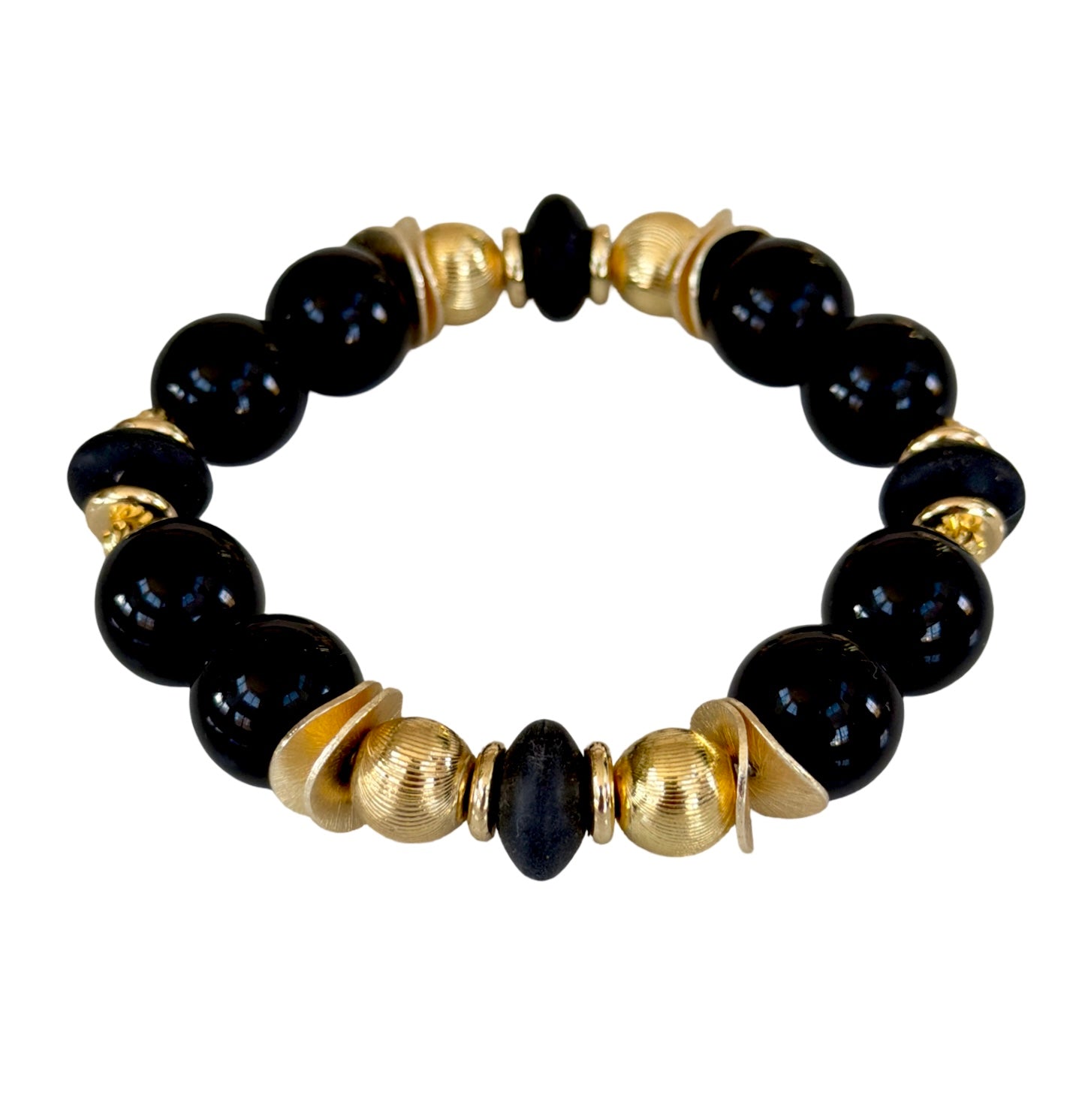 BLACK AND GOLD WAVY DISC BANGLE WOTH GOLD AND BLACK ACCENTS