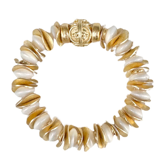 NEW! GOLD WAVY DISC AND WHITE OPALIZED STATEMENT BRACELET