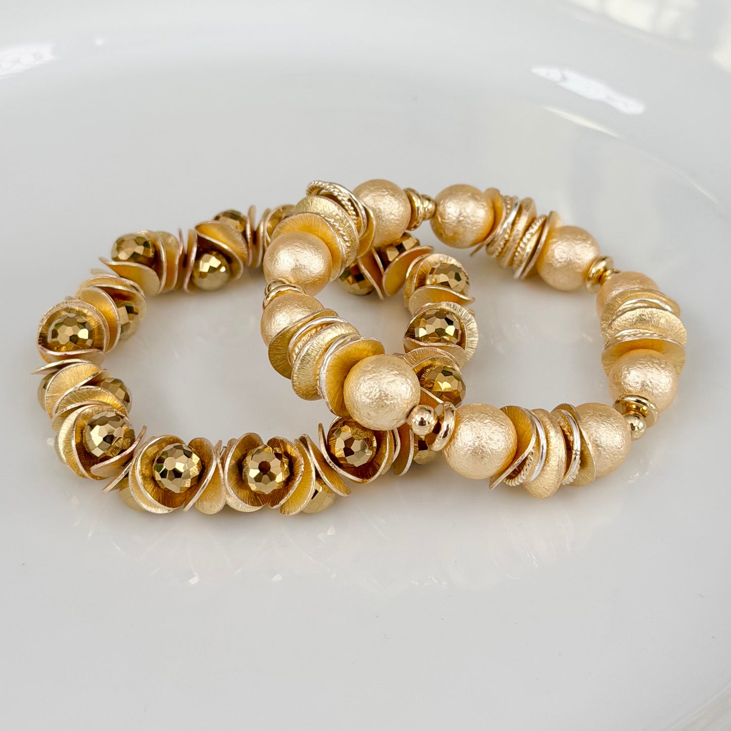 GOLD WAVY DISC AND GOLD FACETED BRIOLETTE BANGLE