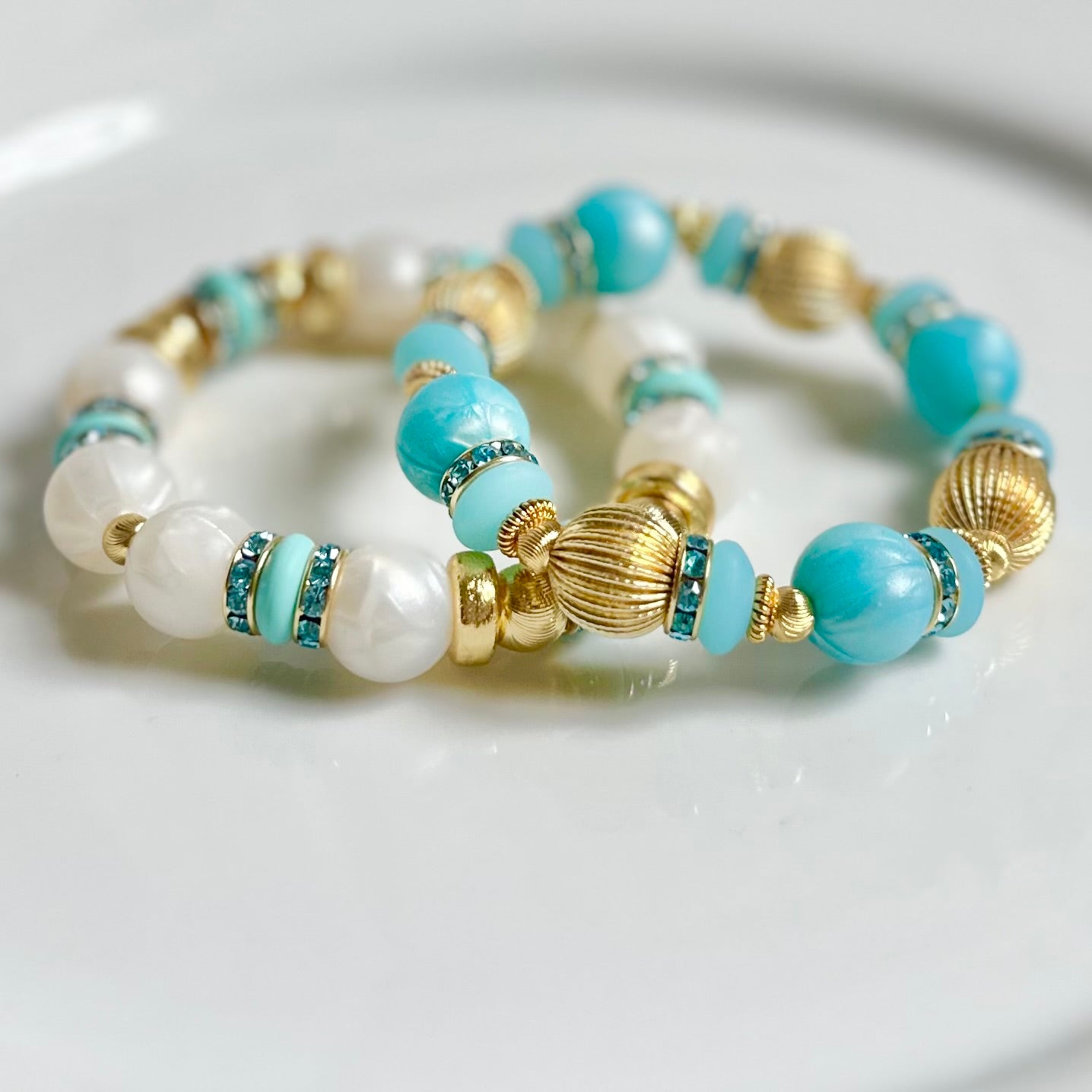 PEARLIZED IVORY BANGLE WITH TURQUOISE AND CZ ACCENTS