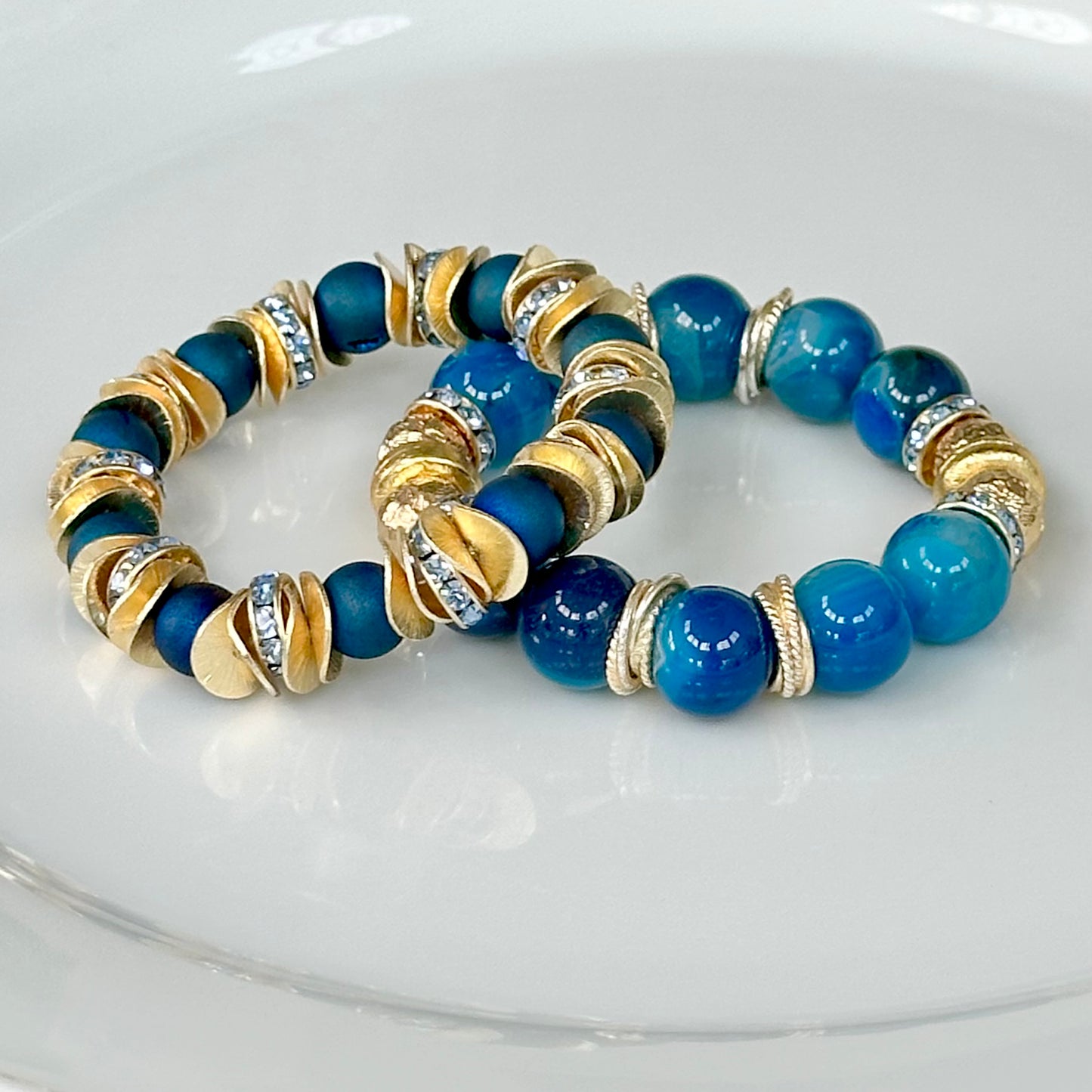 BLUE AGATE GEMSTONE BANGLE WITH GOLD AND CRYSTAL ACCENTS