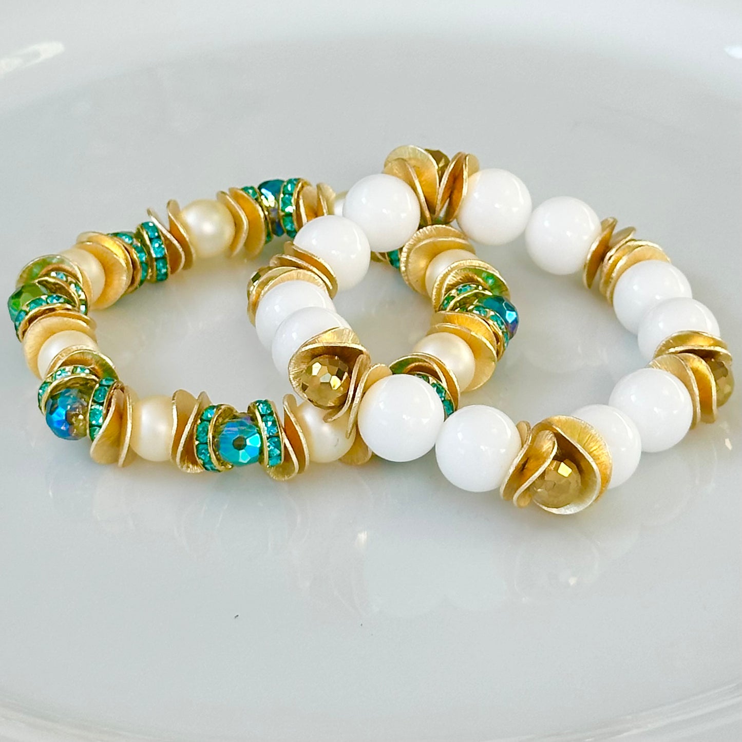 FACETED TEARDROP TURQUOISE BANGLE WITH PEARL, GOLD WAVY DISC, AND CRYSTAL ACCENTS