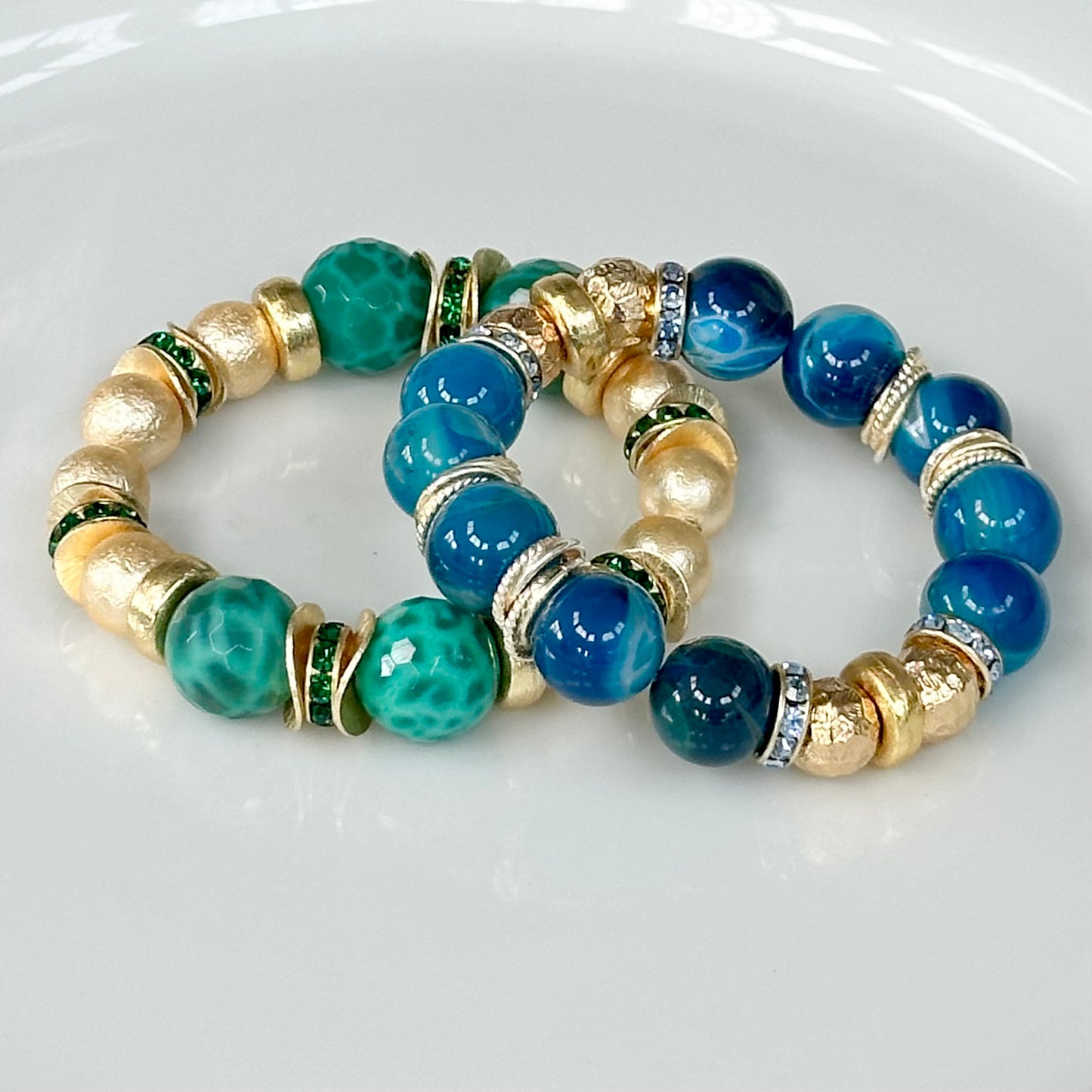 BLUE AGATE GEMSTONE BANGLE WITH GOLD AND CRYSTAL ACCENTS
