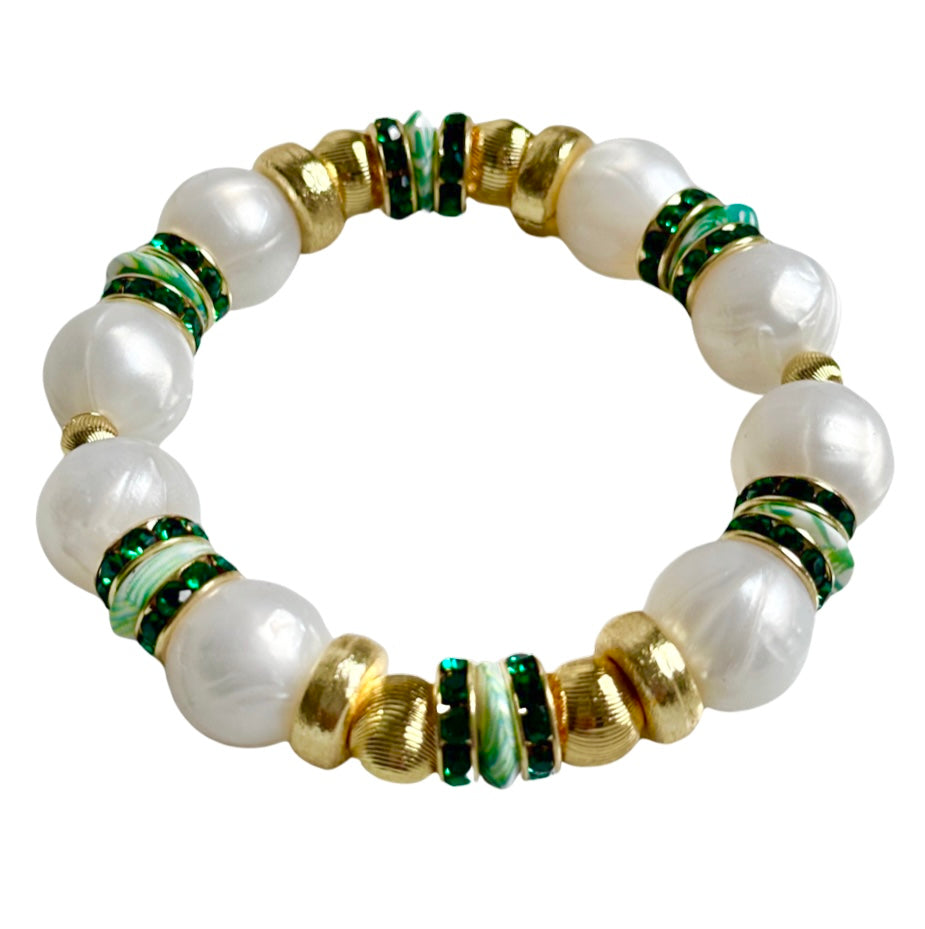 PEARLIZED IVORY BANGLE WITH GREEN FLORAL AND CZ ACCENTS