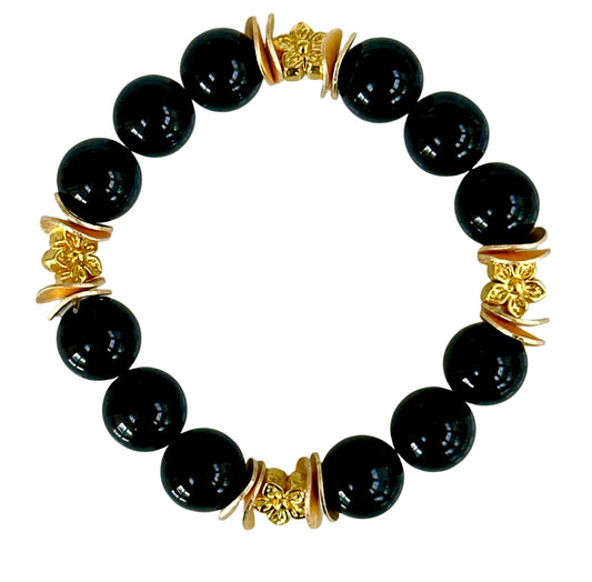 BLACK ONYX GEMSTONE BANGLE WITH GOLD WAVY DISC AND FLOWER ACCENTS