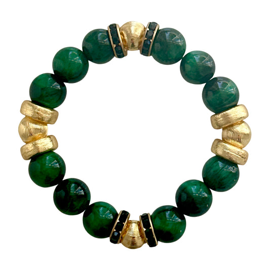 GREEN AND BLACK AGATE GEMSTONE BANGLE WITH GOLD AND CRYSTAL ACCENTS