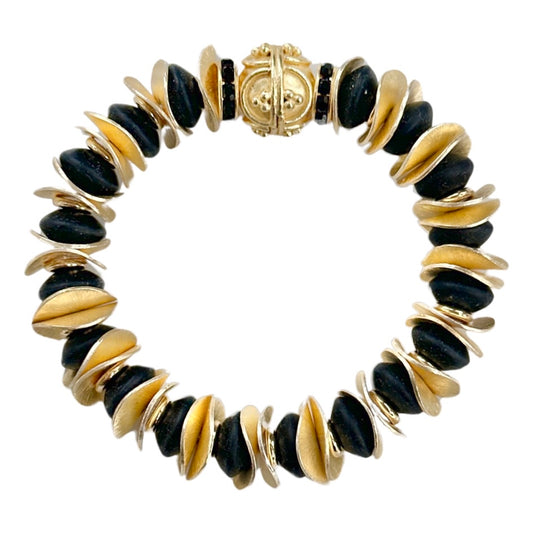 GOLD WAVY DISC AND BLACK STATEMENT BRACELET