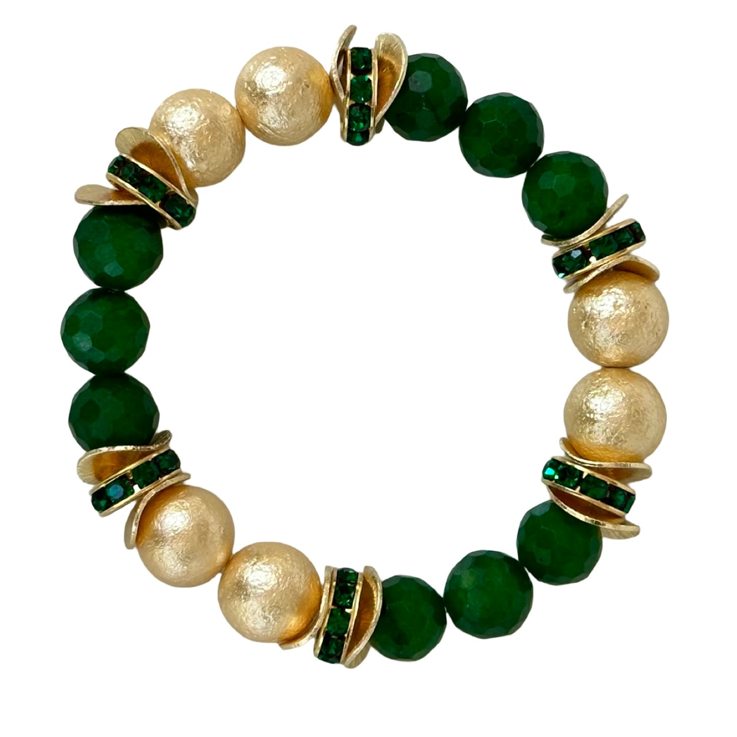 GREEN FACETED QUARTZ GEMSTONE BANGLE WITH GOLD SHELL PEARL AND WAVY DISC ACCENTS