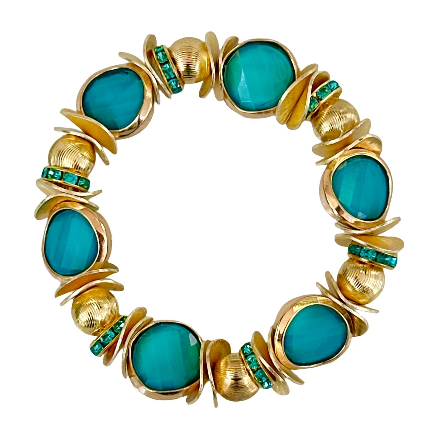 TURQUOISE AND GOLD COIN BANGLE WITH WAVY DISC, GOLD AND CRYSTAL ACCENTS