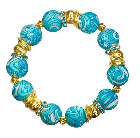 TURQUOISE AND WHITE PAISLEY PATTERN BANGLE WITH  GOLD AND CZ BANGLE