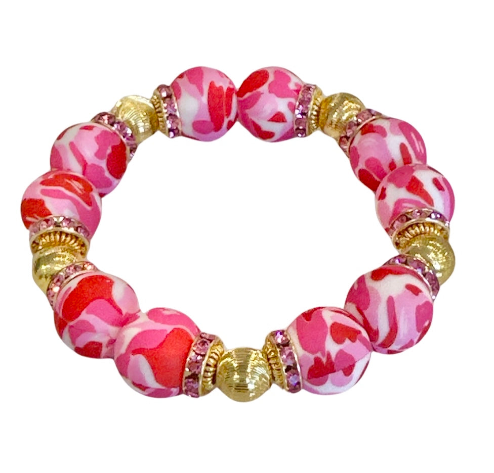 PINK CAMO BANGLE WITH GOLD AND CZ ACCENTS