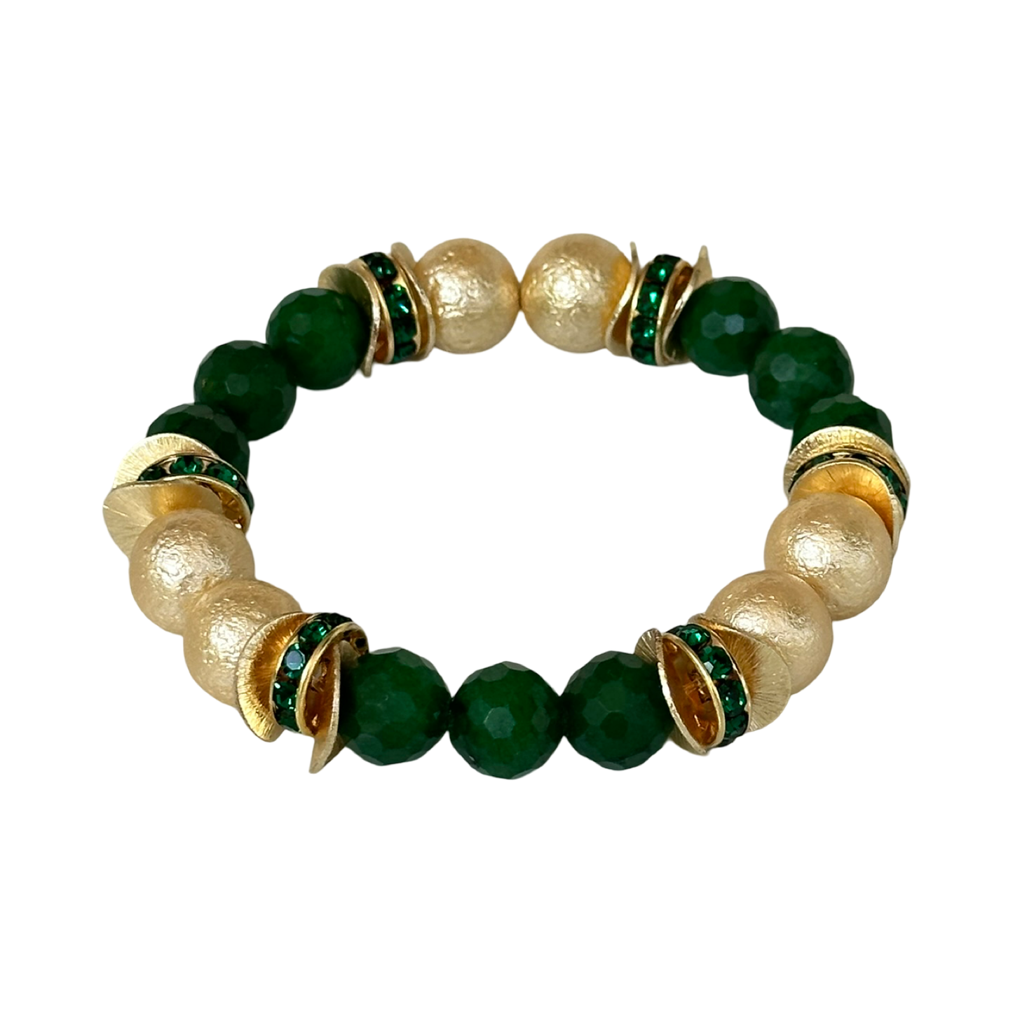 GREEN FACETED QUARTZ GEMSTONE BANGLE WITH GOLD SHELL PEARL AND WAVY DISC ACCENTS