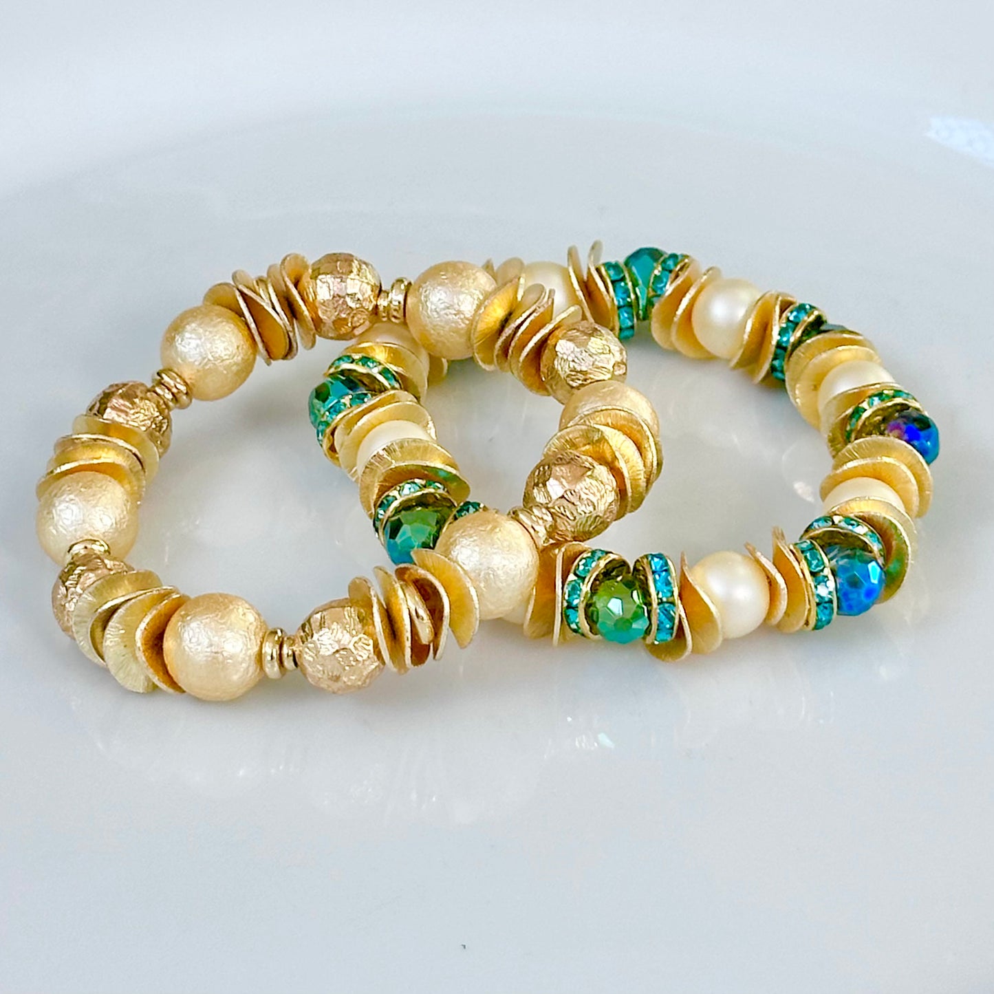 FACETED TEARDROP TURQUOISE BANGLE WITH PEARL, GOLD WAVY DISC, AND CRYSTAL ACCENTS