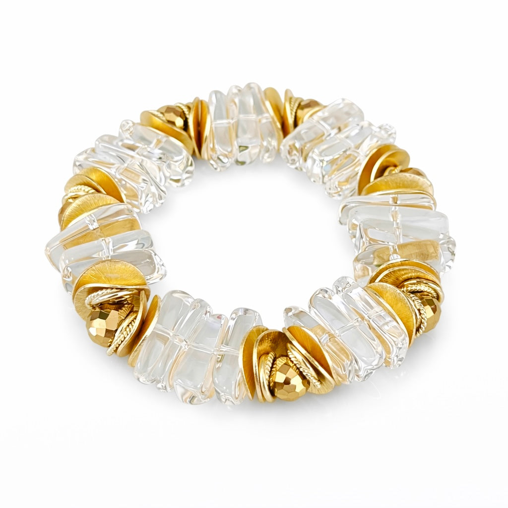 LUCITE BANGLE WITH GOLD TEARDROP AND WAVY DISC ACCENTS