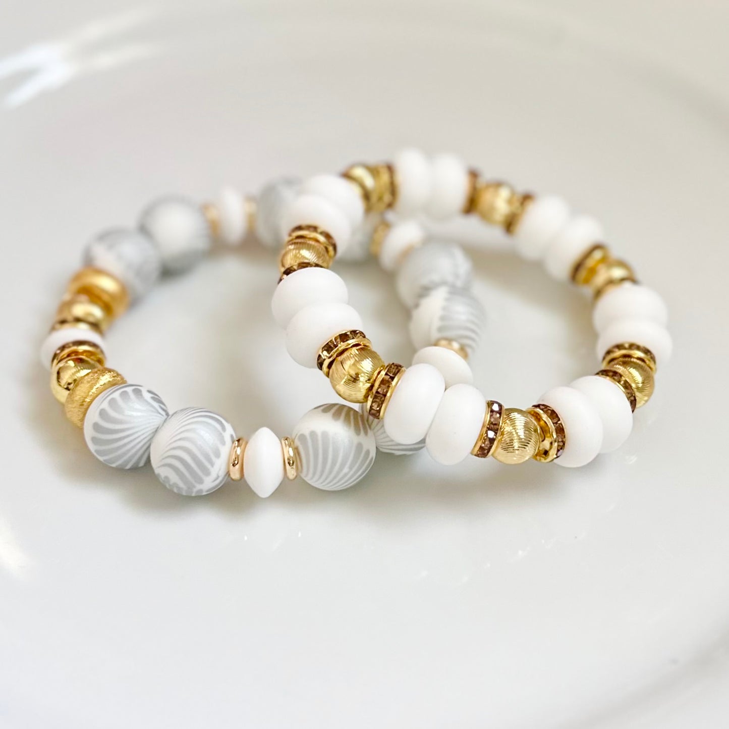 WHITE AND GRAY SEASHELL BANGLE WITH GOLD AND CZ