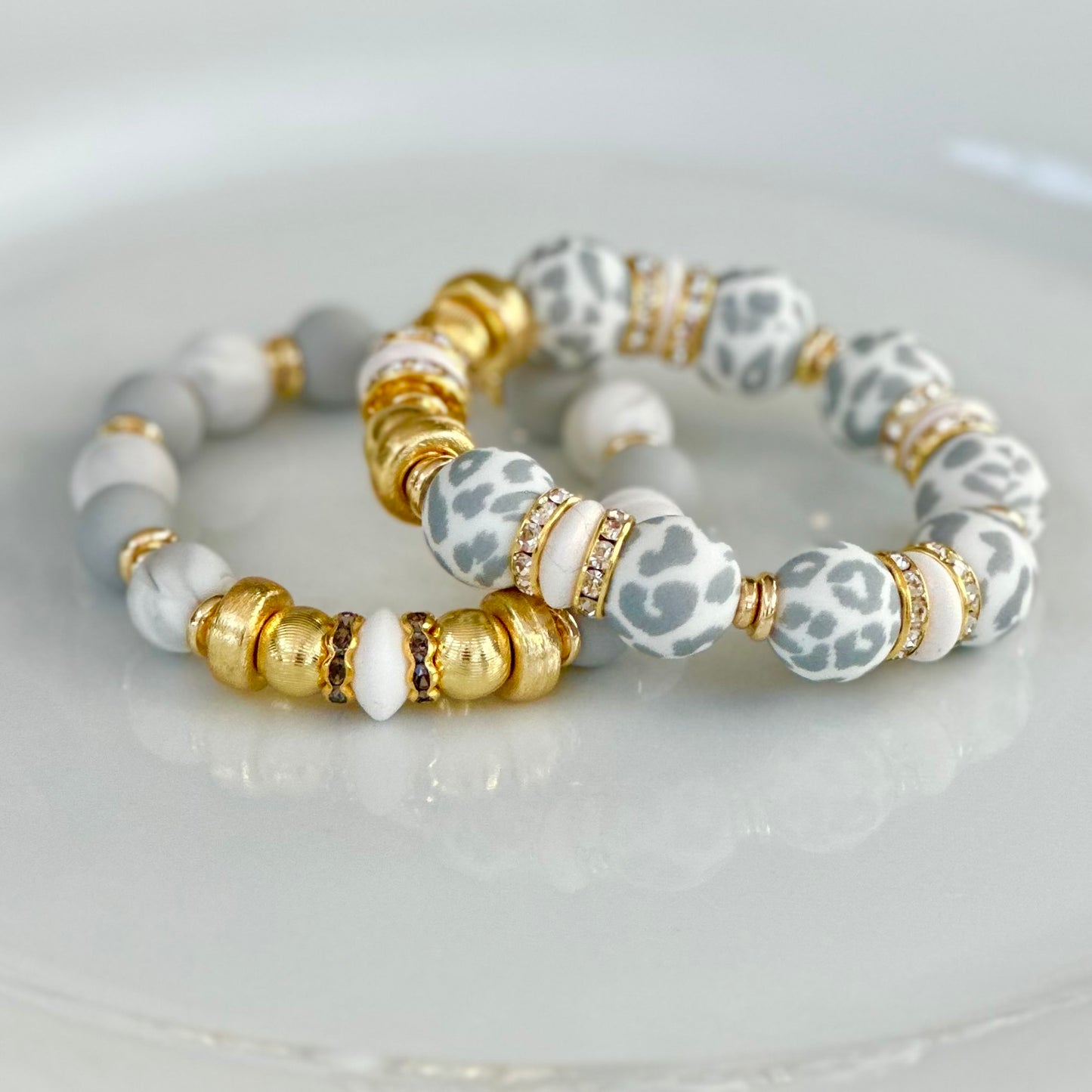 GRAY CHEETAH BANGLE WITH GOLD AND CZ ACCENTS
