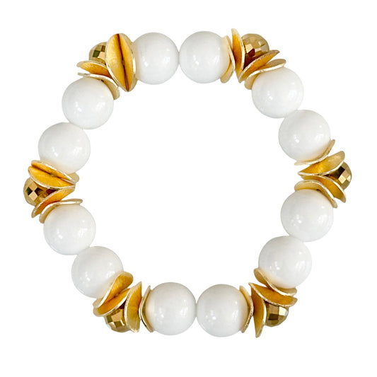 WHITE AGATE GEMSTONE BANGLE WITH GOLD WAVY DISC AND FACETED GOLD TEARDROP ACCENTS
