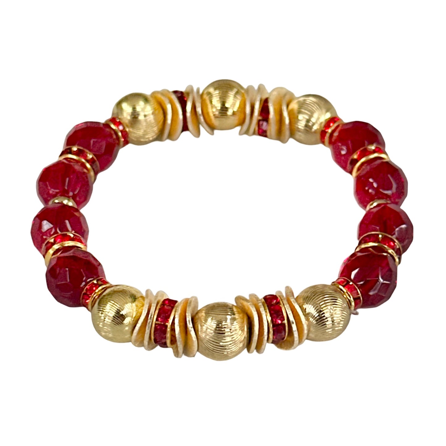 RED FACETED BEADED BANGLE WITH GOLD AND CRYSTAL ACCENTS