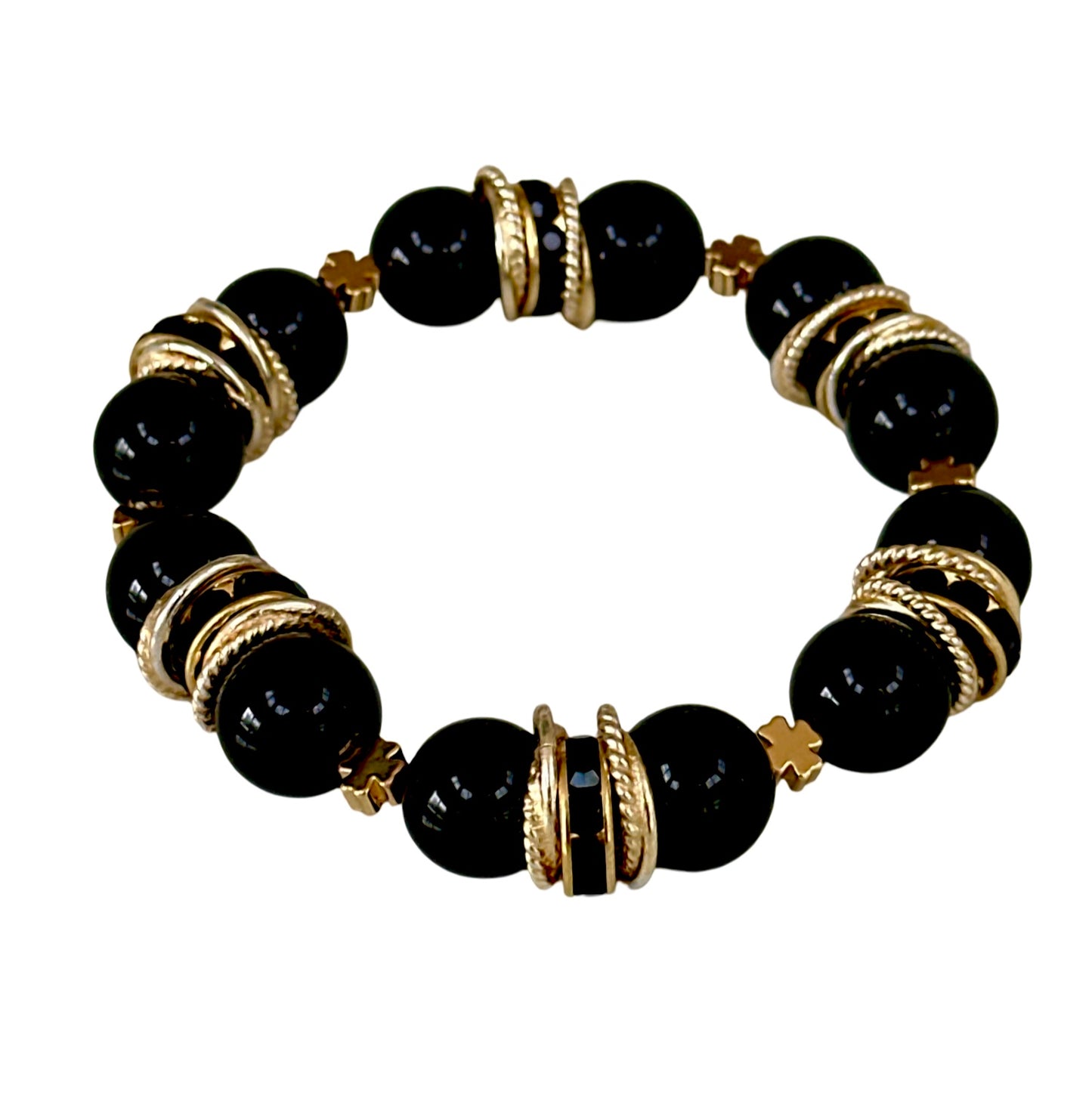 BLACK ONYX GEMSTONE BANGLE WITH GOLD FOUR LEAF CLOVER ACCENTS