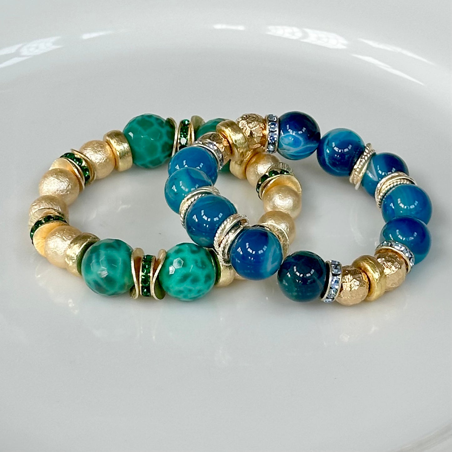 BLUE AGATE GEMSTONE BANGLE WITH GOLD AND CRYSTAL ACCENTS