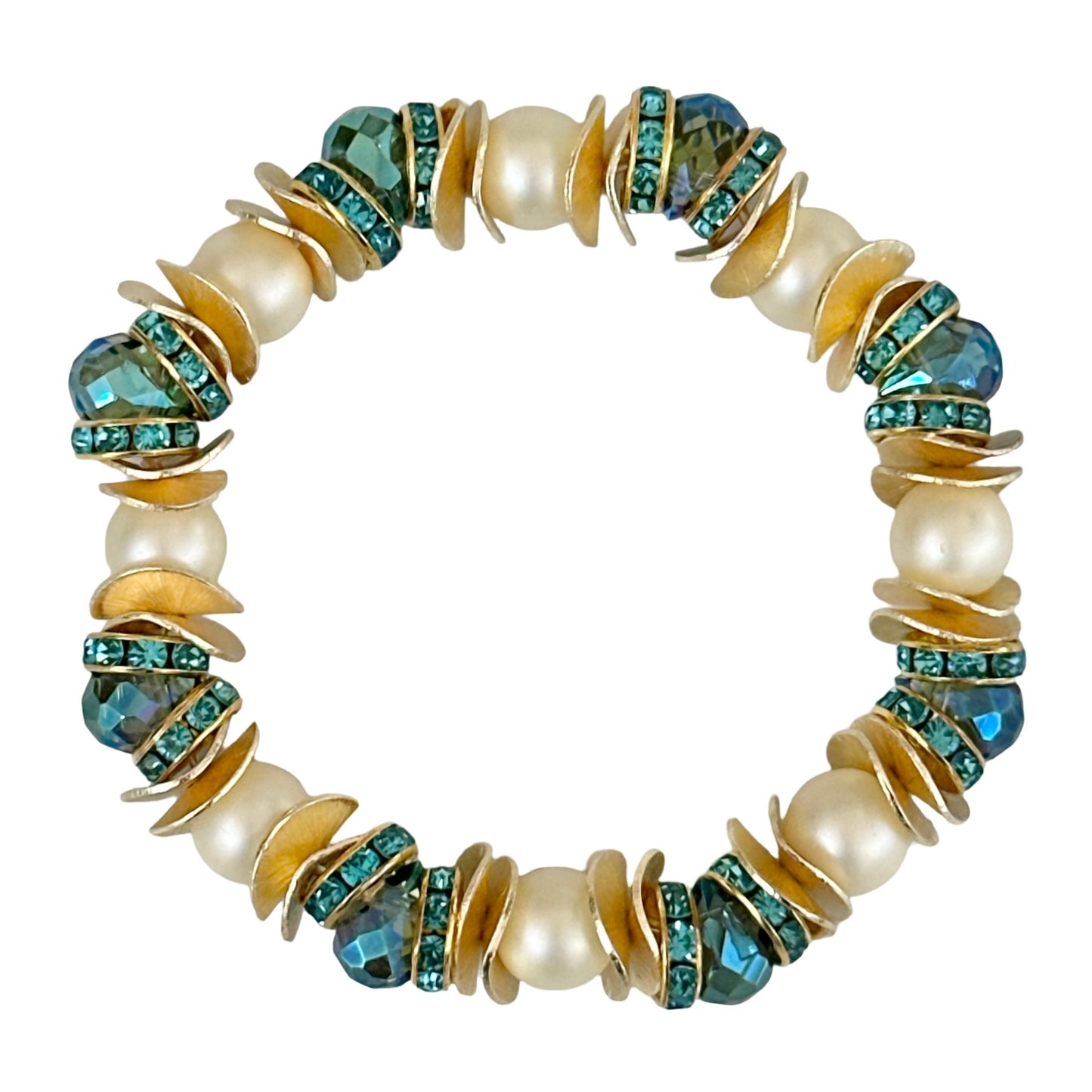 FACETED TEARDROP TURQUOISE BANGLE WITH PEARL, GOLD WAVY DISC, AND CRYSTAL ACCENTS