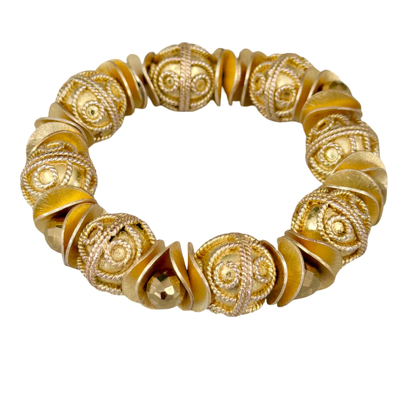 GOLD FILAGREE BANGLE WITH WAVY DISC AND FACETED GOLD BRIOLETTE ACCENTS