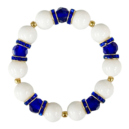 WHITE PORCELAIN AGATE GEMSTONE BANGLE WITH COBALT CRYSTAL ACCENTS