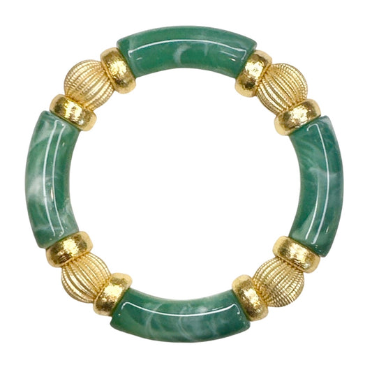 GREEN MARBLE LINK BANGLE WITH CZ AND GOLD ACCENTS
