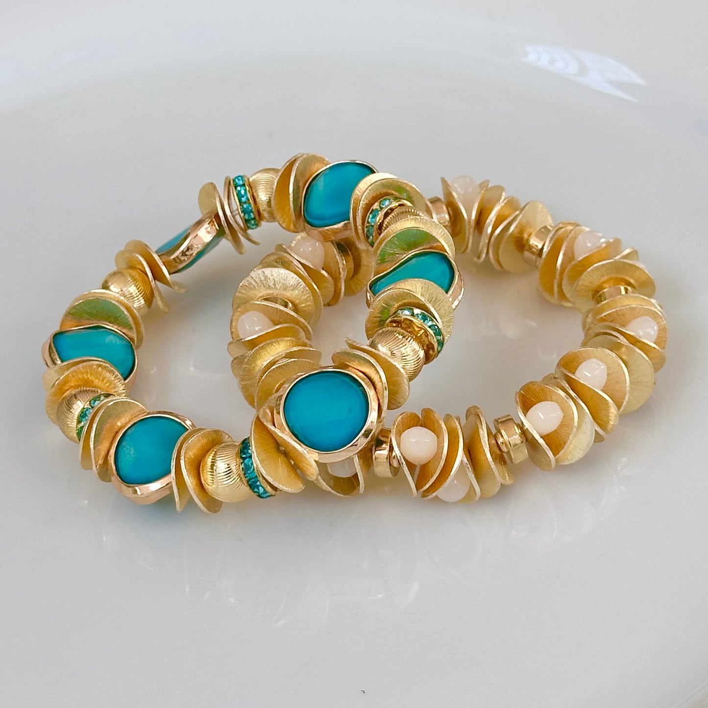 TURQUOISE AND GOLD COIN BANGLE WITH WAVY DISC, GOLD AND CRYSTAL ACCENTS