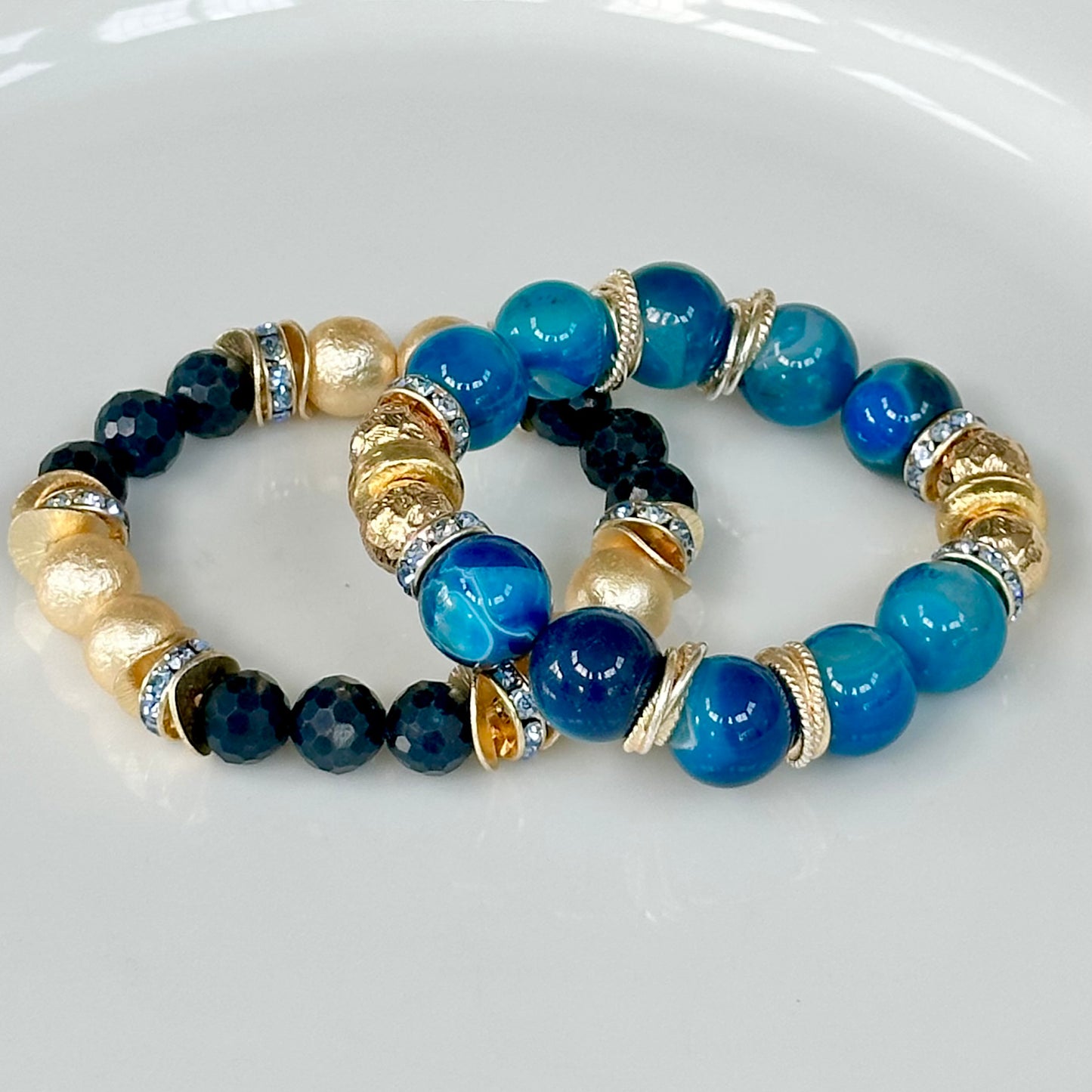 BLUE AGATE GEMSTONE BANGLE WITH GOLD AND CRYSTAL ACCENTS