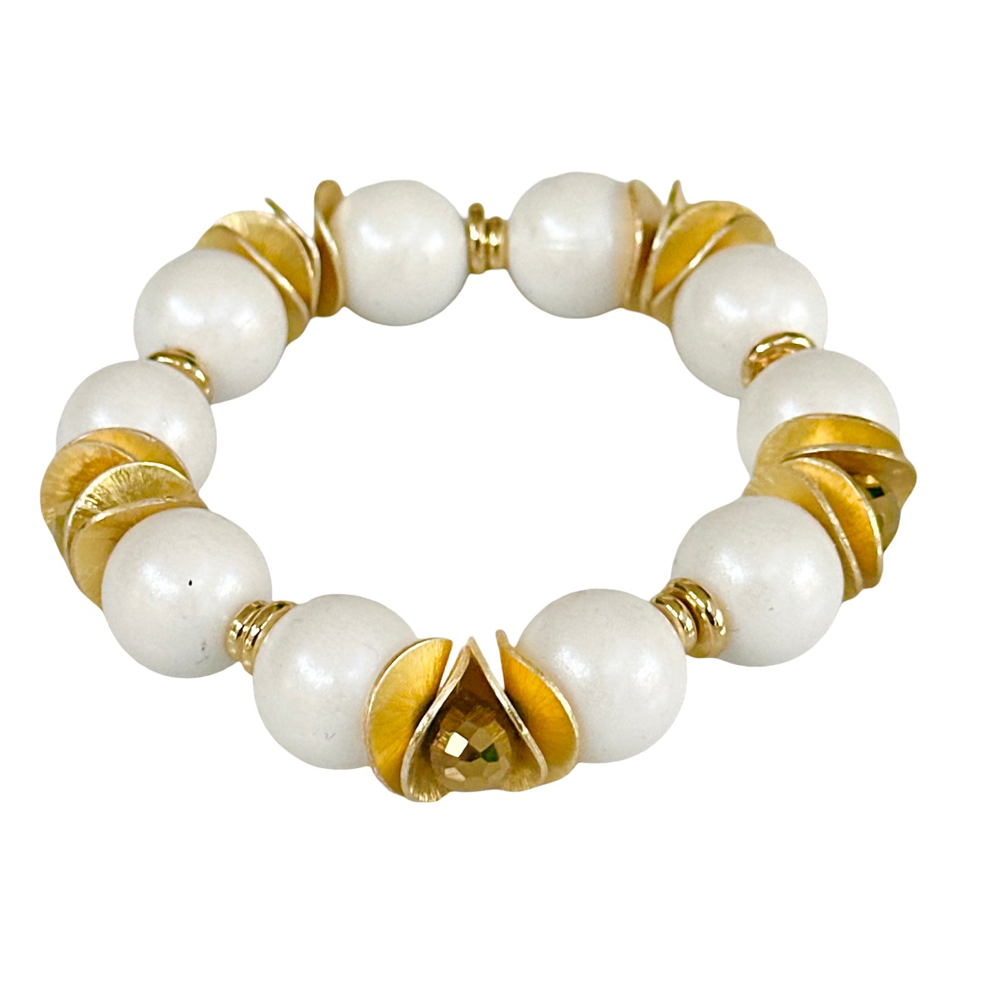 OPALIZED WHITE BANGLE WITH GOLD WAVY DISC AND CRYSTAL ACCENTS