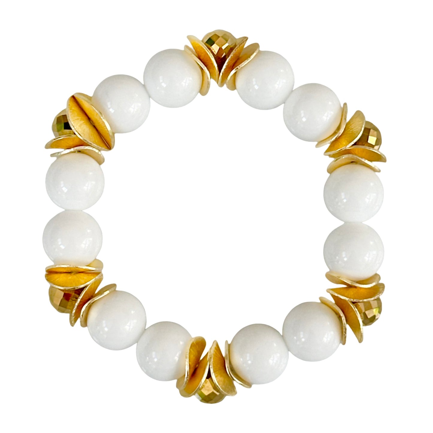 WHITE AGATE GEMSTONE BANGLE WITH GOLD WAVY DISC AND FACETED GOLD TEARDROP ACCENTS