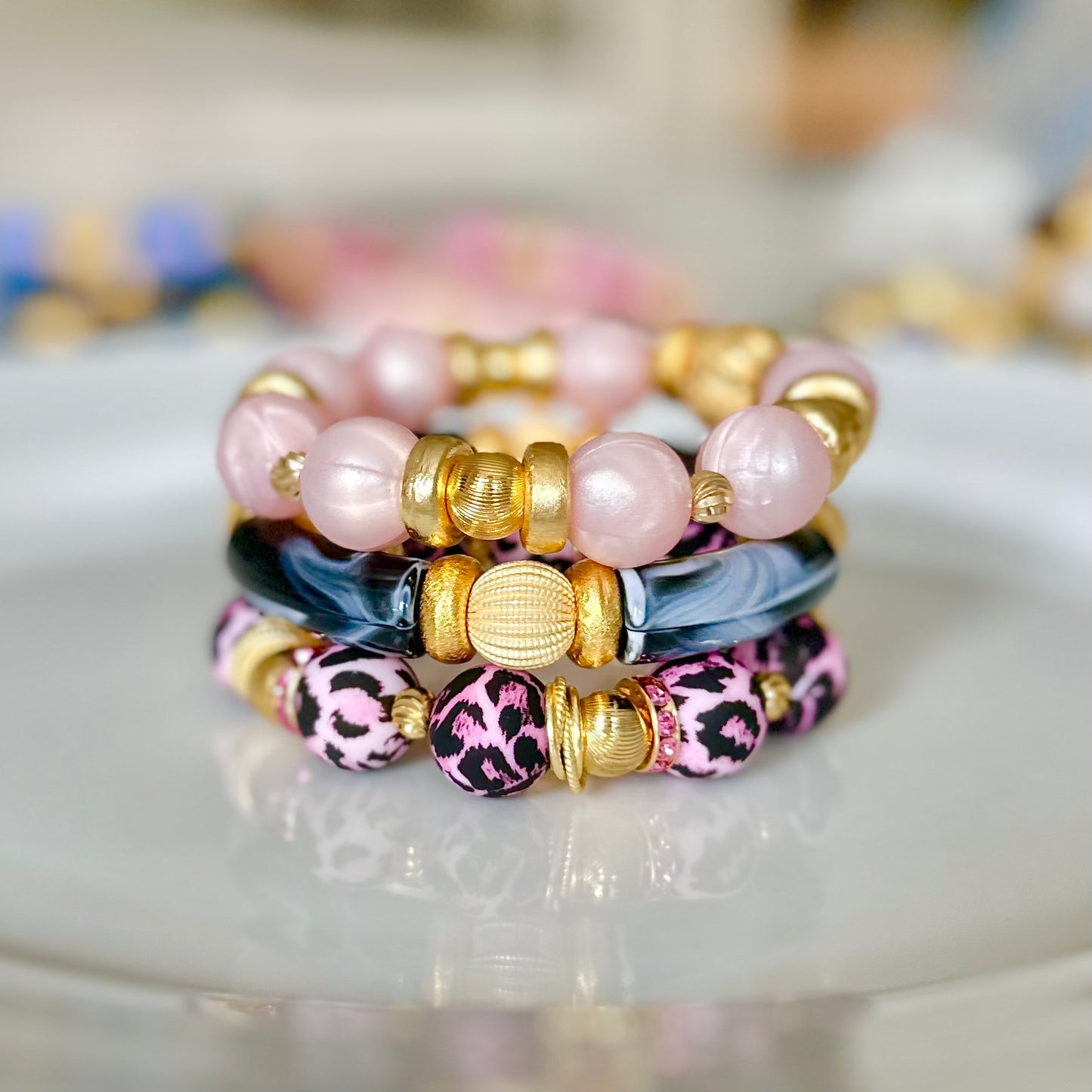 PINK AND BLACK CHEETAH BANGLE WITH GOLD ACCENTS