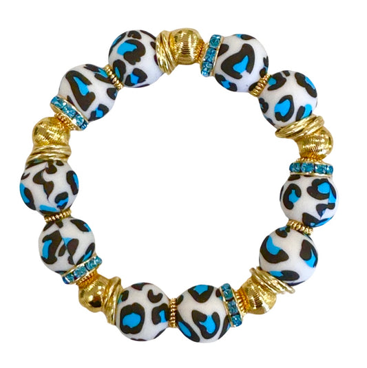 BRIGHT BLUE AND BLACK LEOPARD BANGLE WITH GOLD ACCENTS