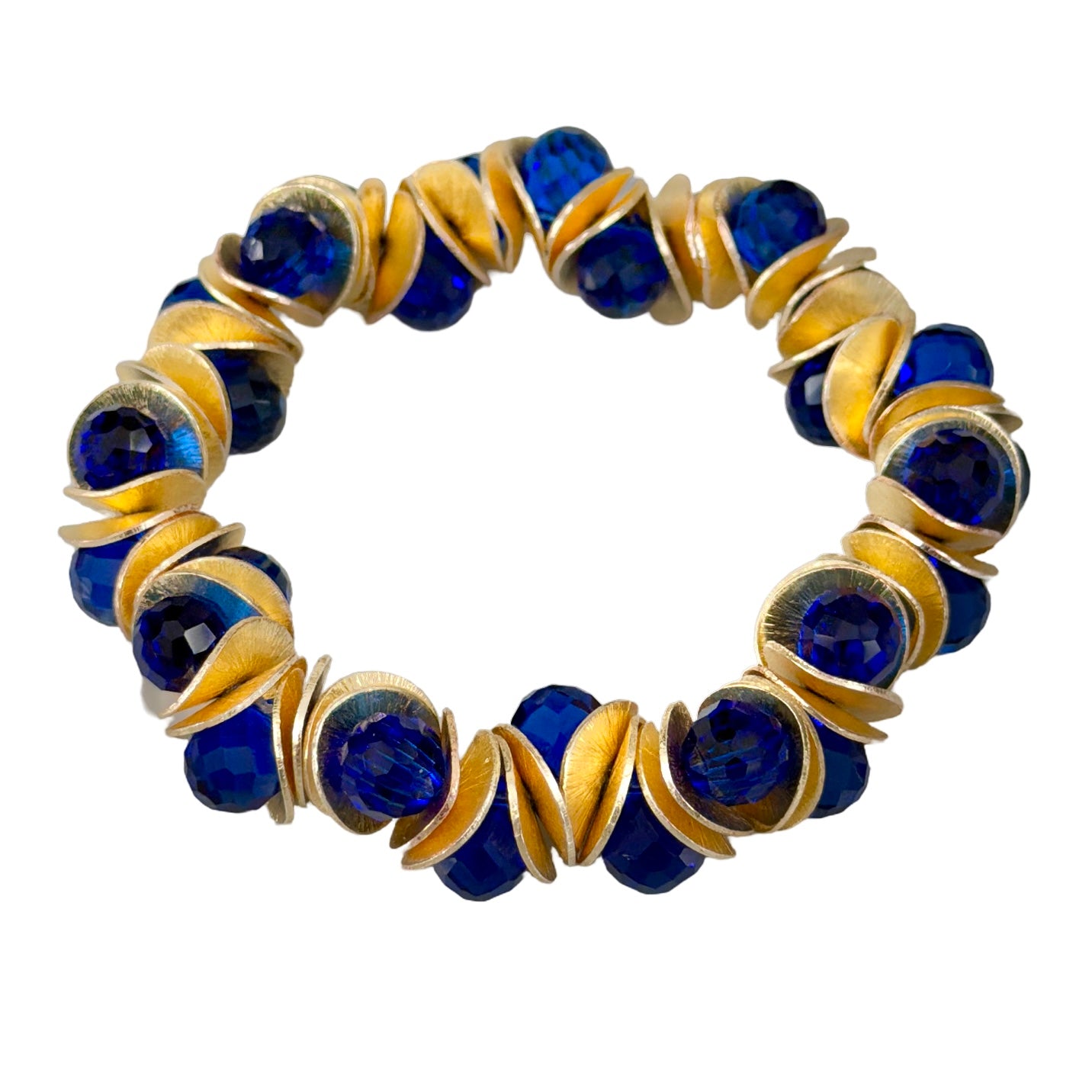 GOLD WAVY DISC AND BLUE FACETED BRIOLETTE BANGLE