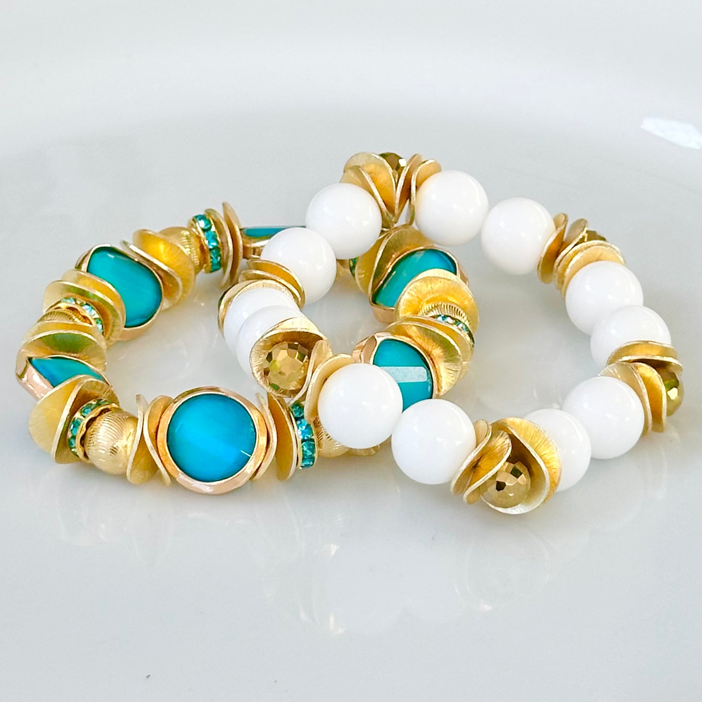 TURQUOISE AND GOLD COIN BANGLE WITH WAVY DISC, GOLD AND CRYSTAL ACCENTS