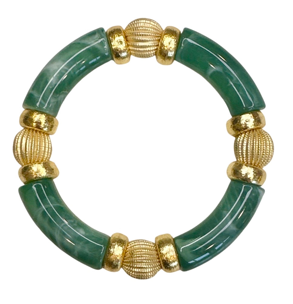 GREEN MARBLE LINK BANGLE WITH CZ AND GOLD ACCENTS