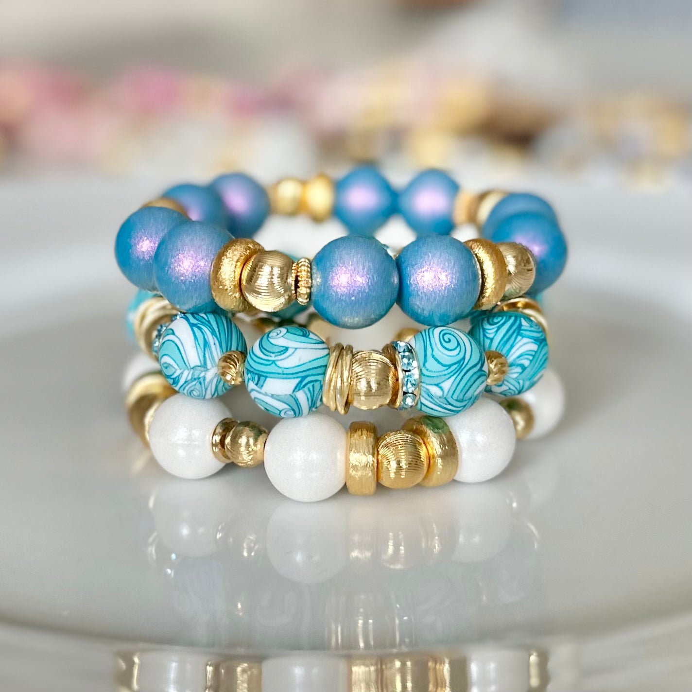TURQUOISE AND WHITE PAISLEY PATTERN BANGLE WITH  GOLD AND CZ BANGLE
