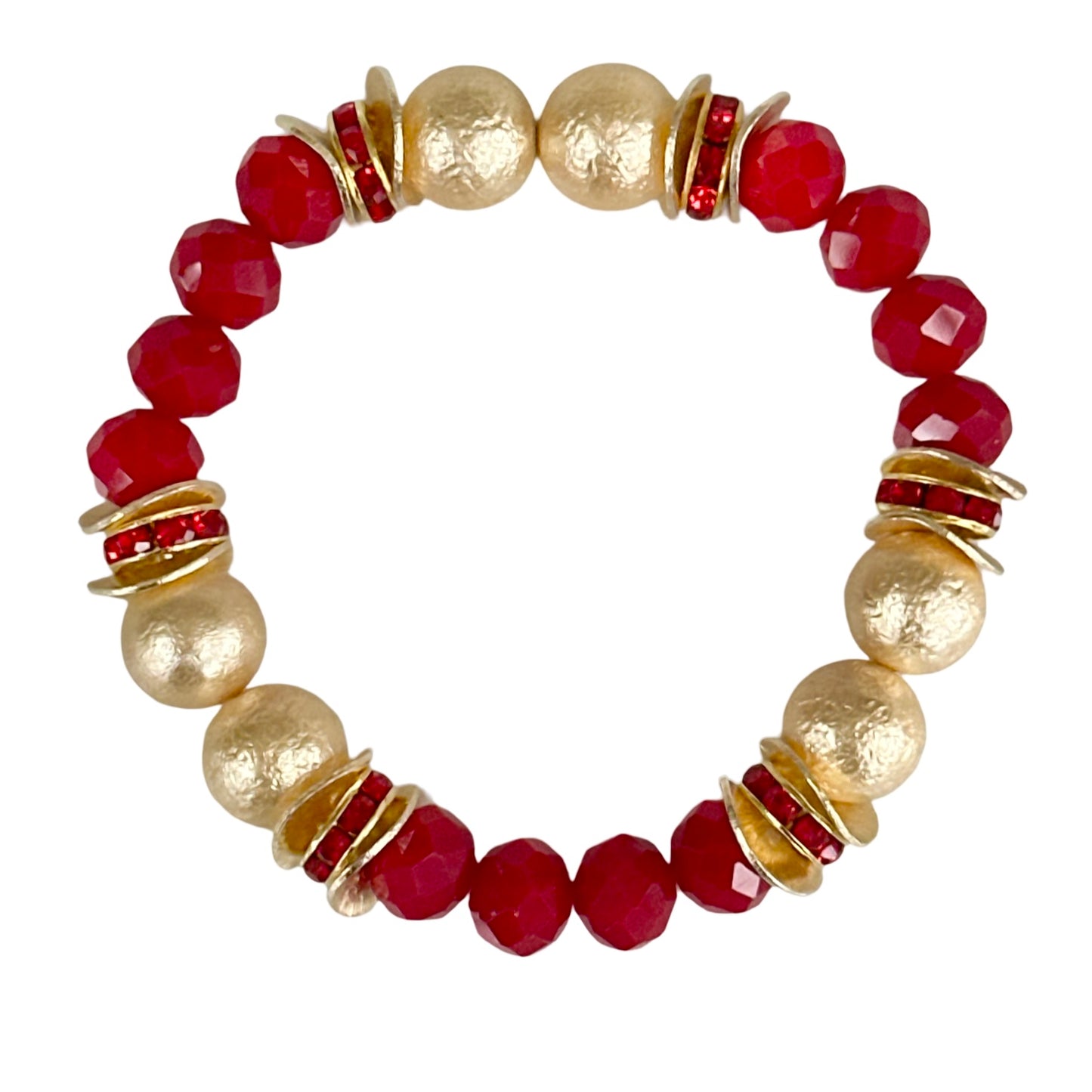 RED FACETED GEMSTONE BANGLE WITH GOLD SHELL PEARL AND WAVY DISC ACCENTS