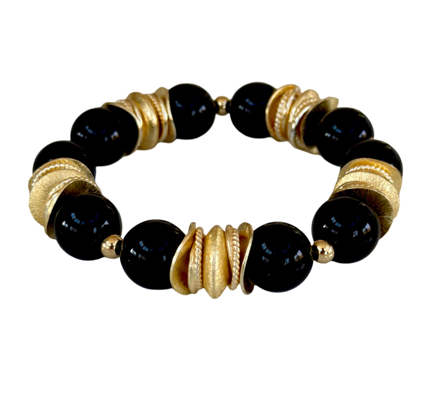 BLACK AND GOLD WAVY DISC BANGLE WITH BRUSHED GOLD ACCENTS