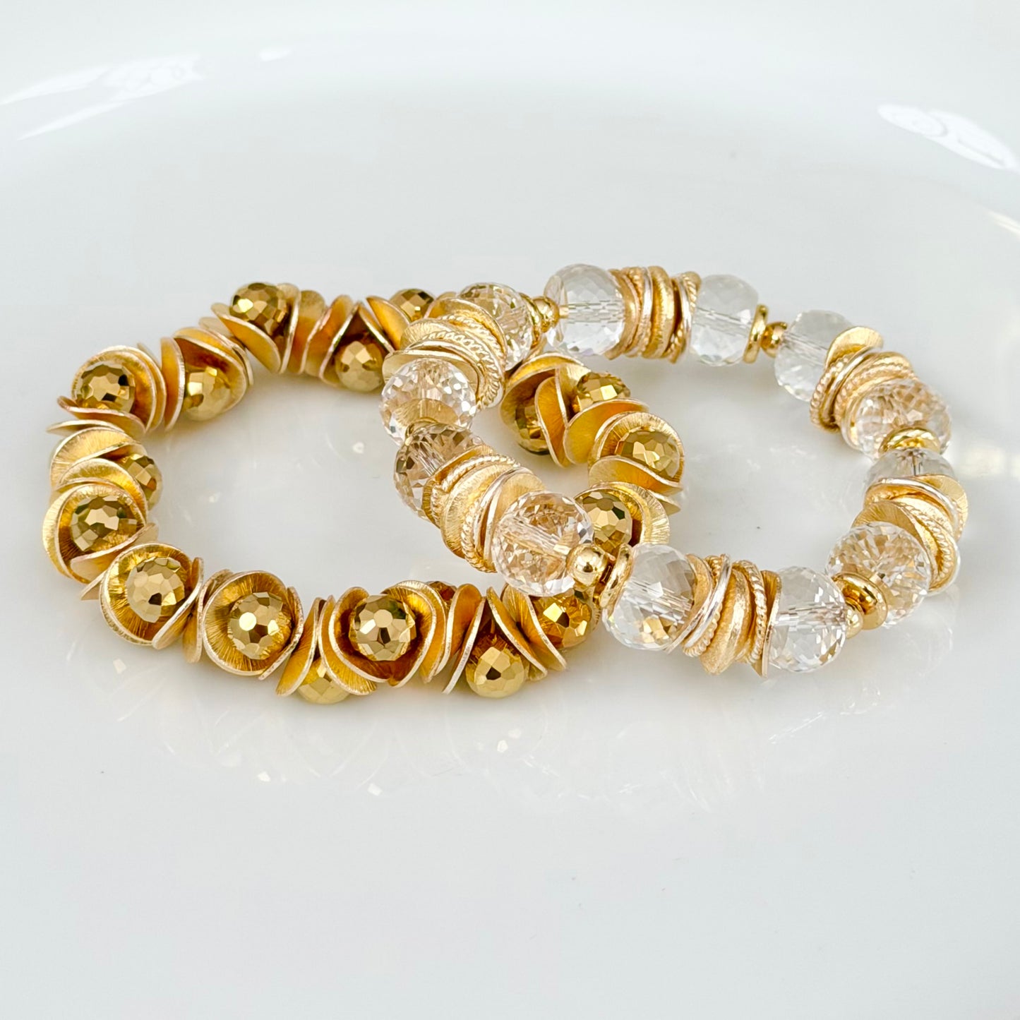 GOLD WAVY DISC AND GOLD FACETED BRIOLETTE BANGLE