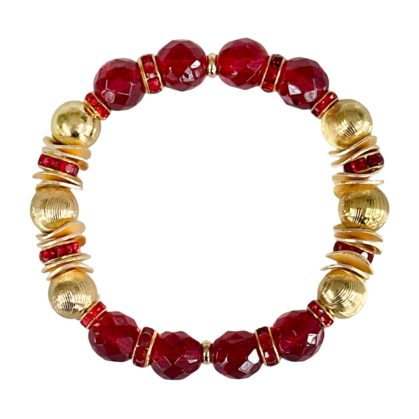 RED FACETED BEADED BANGLE WITH GOLD AND CRYSTAL ACCENTS