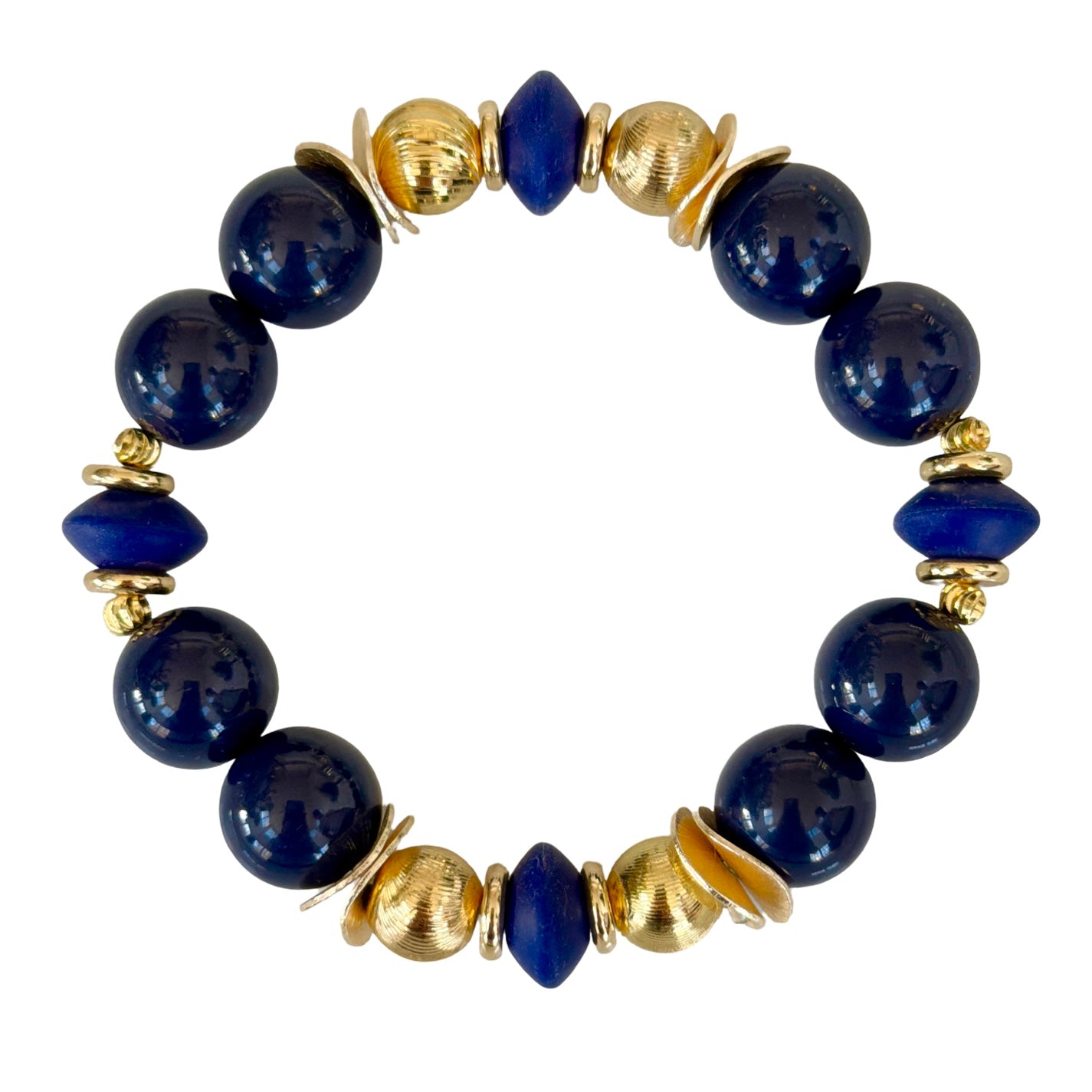 NAVY BLUE BANGLE WITH GOLD WAVY DISC AND NAVY ACCENTS