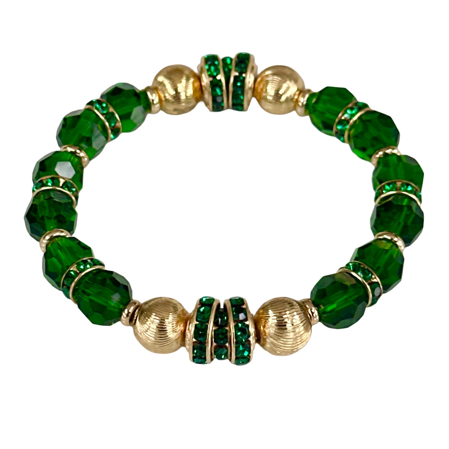 EMERALD FACETED BEADED BANGLE WITH GOLD AND CRYSTAL ACCENTS