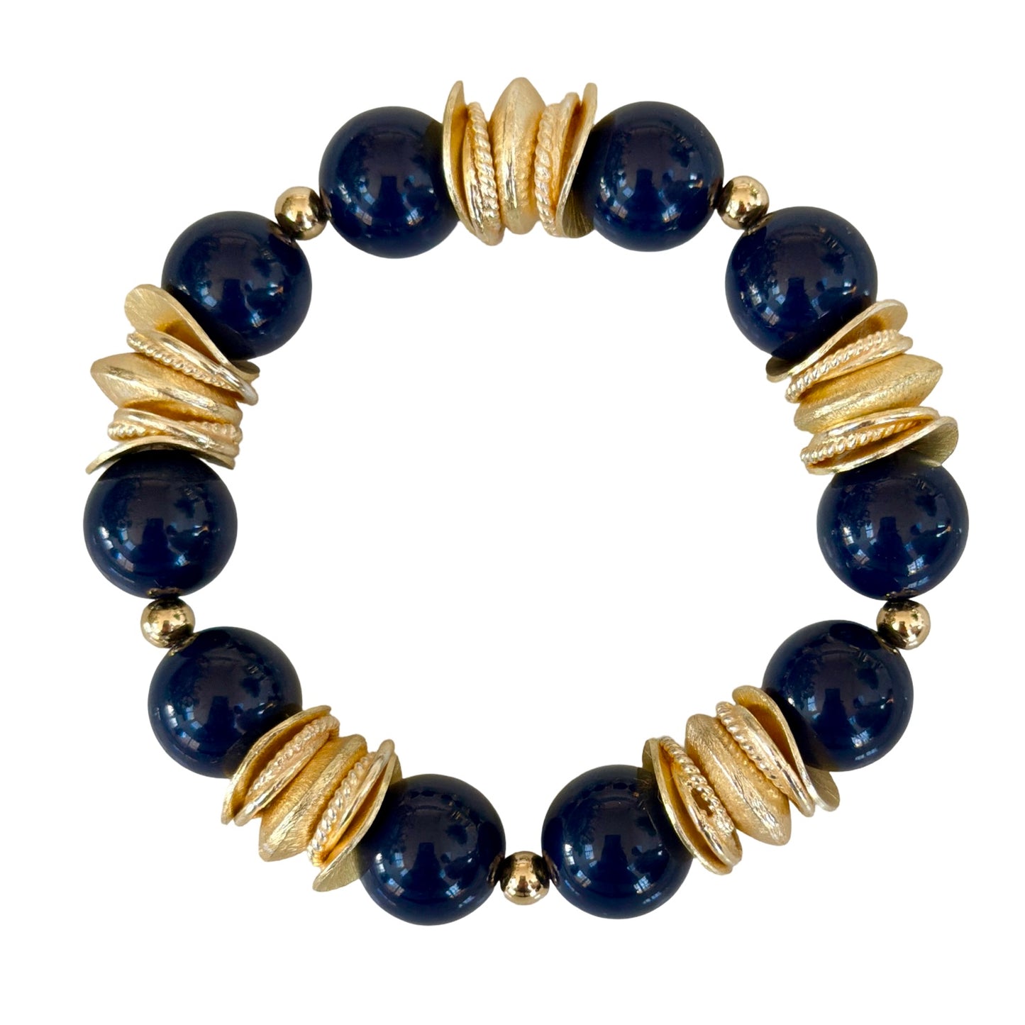 NAVY BLUE BANGLE WITH BRUSHED GOLD WAVY DISC AND GOLD ACCENTS