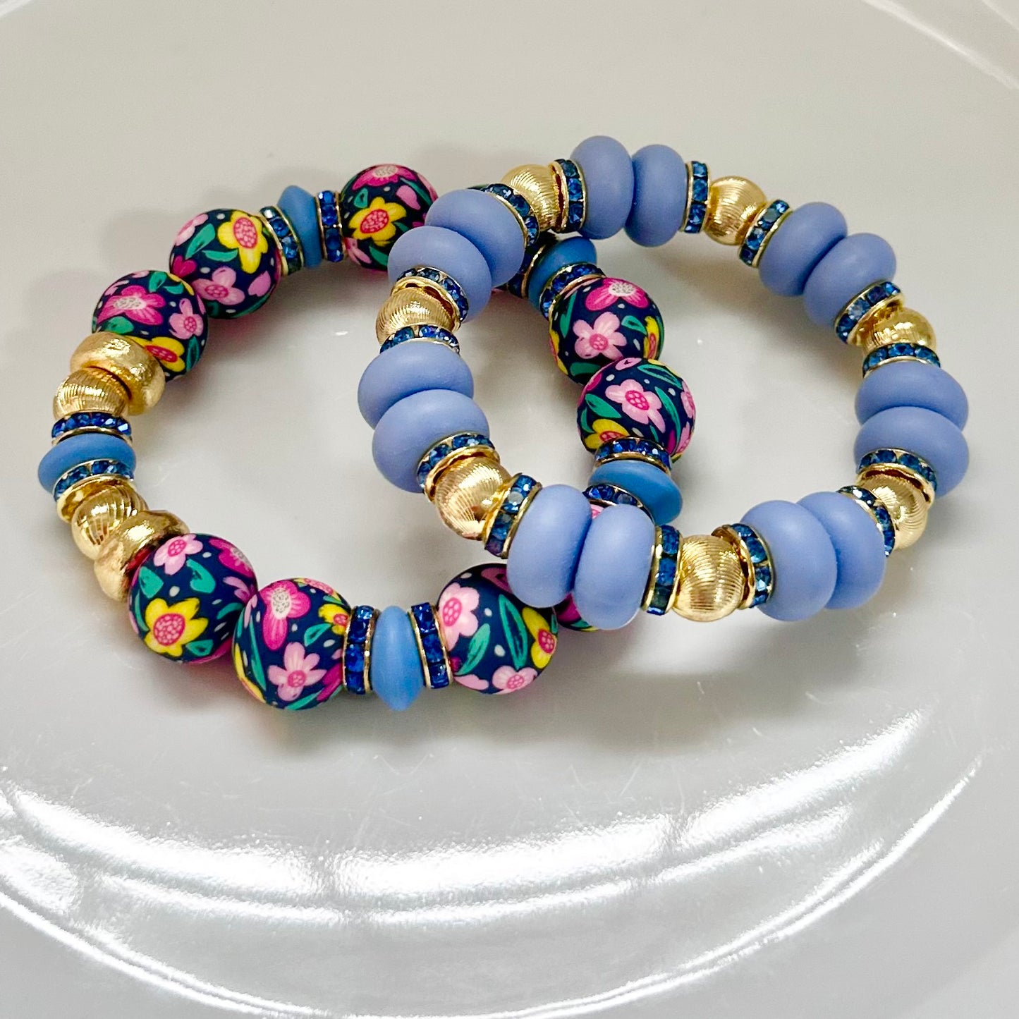 PINK AND NAVY FLORAL BANGLE WITH GOLD AND CZ ACCENTS