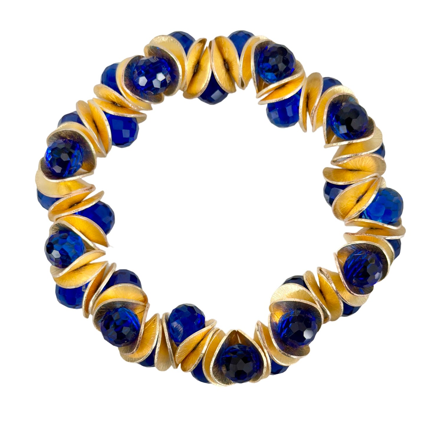 GOLD WAVY DISC AND BLUE FACETED BRIOLETTE BANGLE