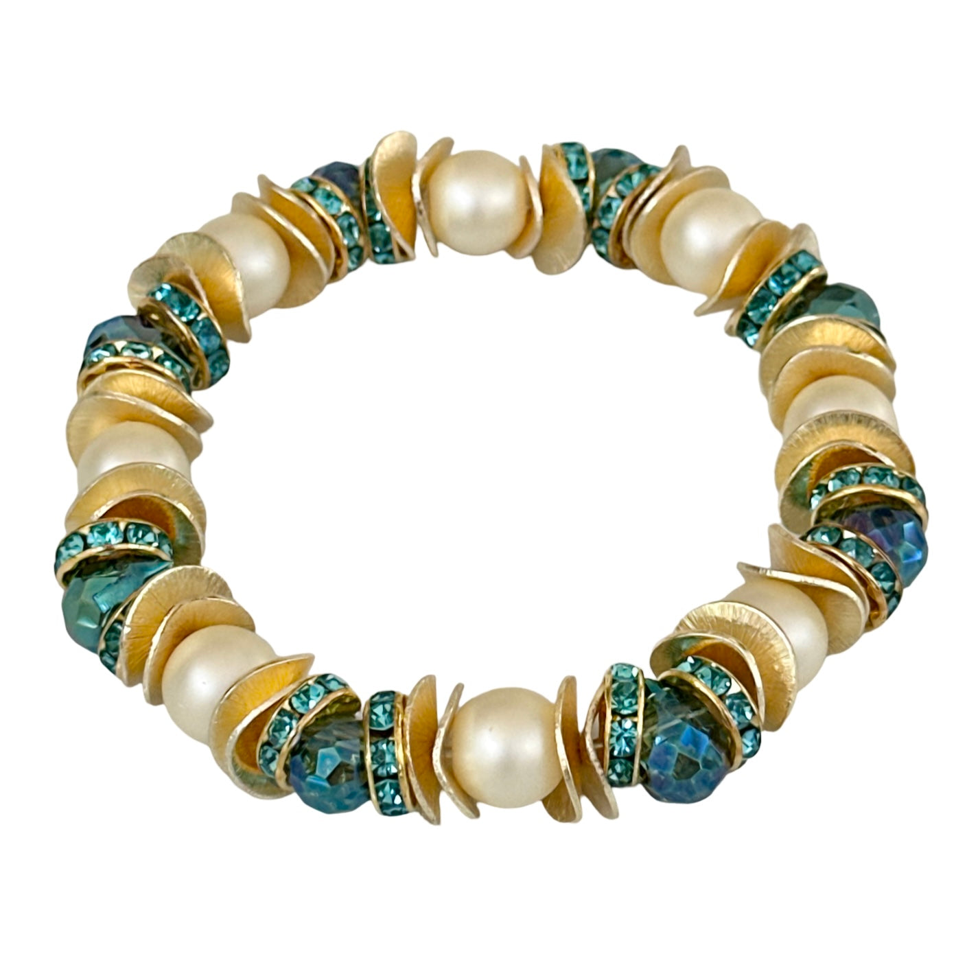 FACETED TEARDROP TURQUOISE BANGLE WITH PEARL, GOLD WAVY DISC, AND CRYSTAL ACCENTS