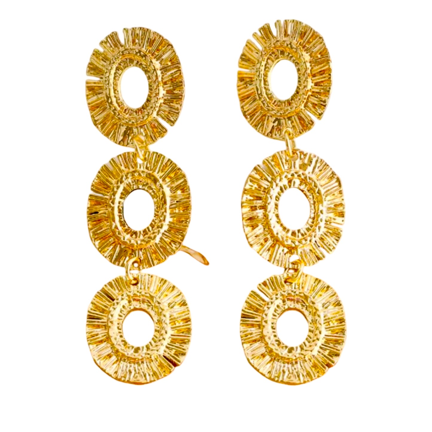 GOLD OPEN RIBBED TRIPLE OVAL EARRING